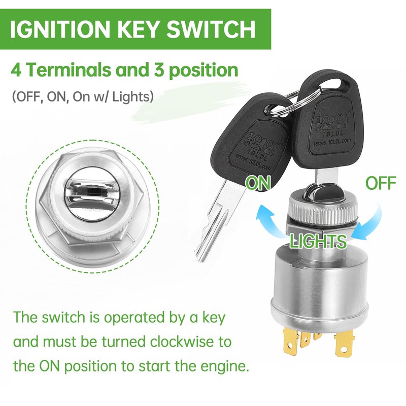 10L0L Golf Cart Ignition Switch 33639-G01 for EZGO E&G All Years, 3 Way 4 Spade Terminal Starter Switch Key with 2 Standard Keys for Light or Accessories