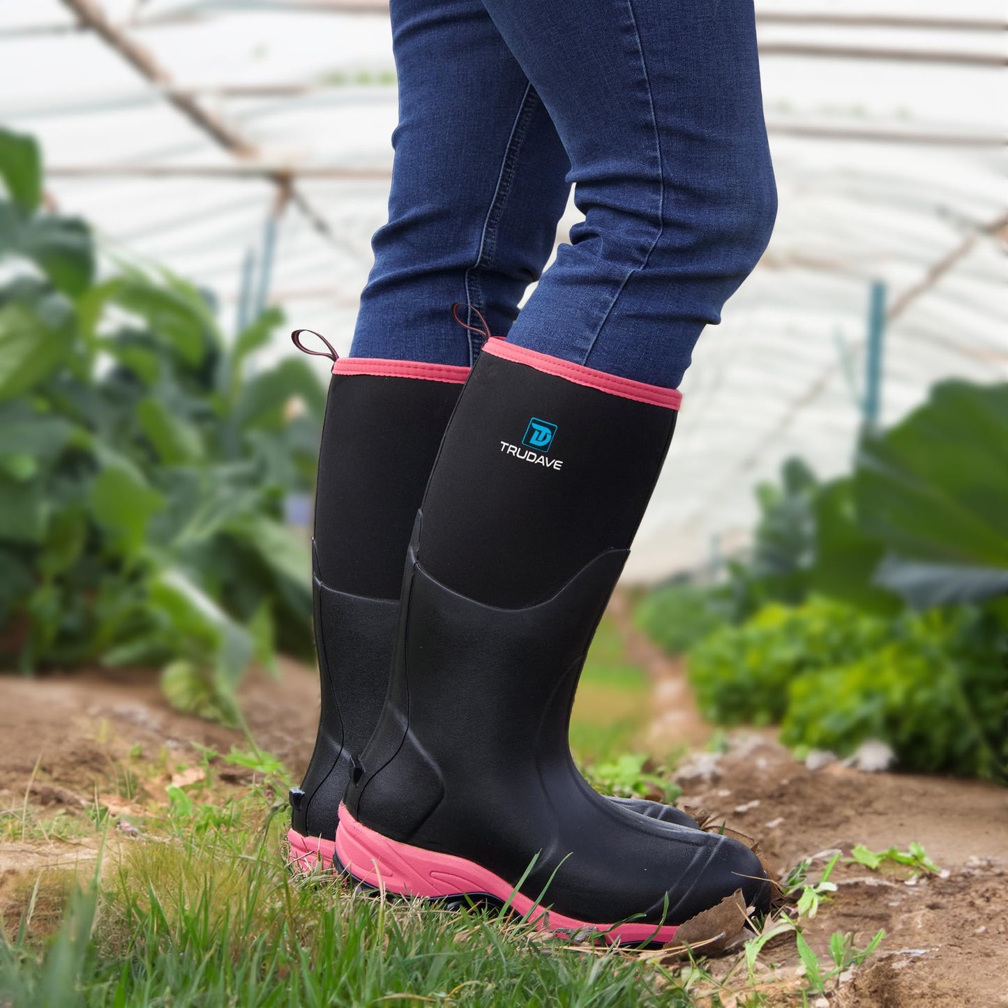 Trudave Rubber Boots for Women with Steel Shank, Waterproof Insulated Mud Rain Boots, 6mm Neoprene Anti-slip Outdoor Work Boots, Pink, Size 8