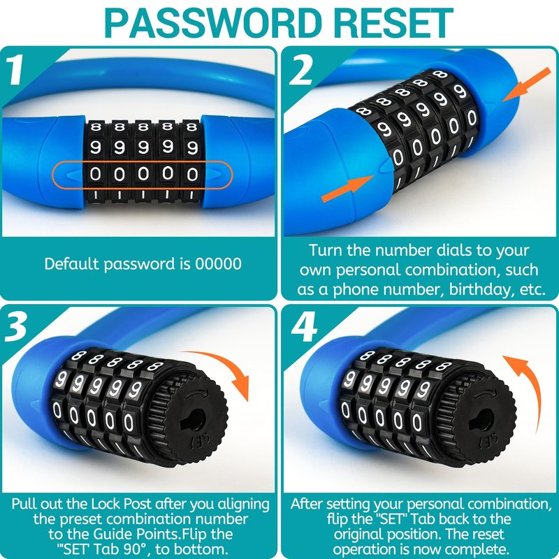 IDEALUX Bike Lock Cable, Bicycle Cable Lock with 5 Digit Combination, Resettable Kids Bike Cable Lock, 20" x ∅0.8" Black
