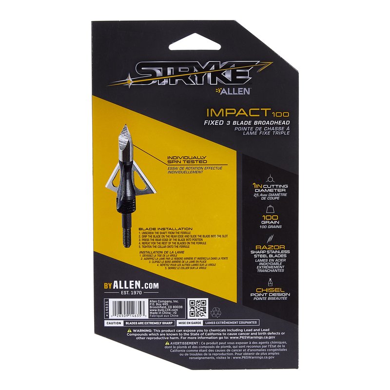 Allen Company Stryke Impact Fixed Blade Broadhead by Allen Company, 100-Grain, 3-Pack,Silver