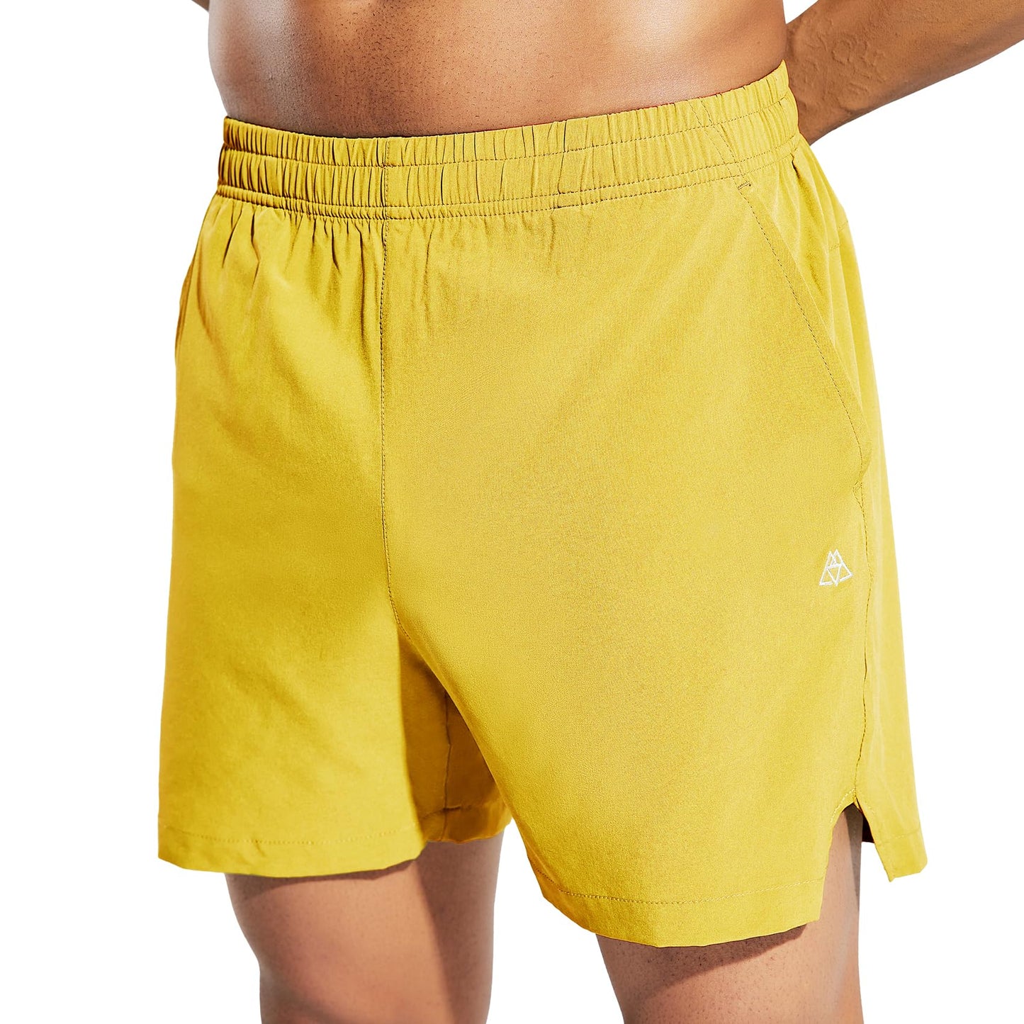 Haimont Mens Gym Shorts with Pockets, Elastic Waist Water Resistant Athletic Workout Exercise Fitness Shorts, 5 Inch, Yellow, M