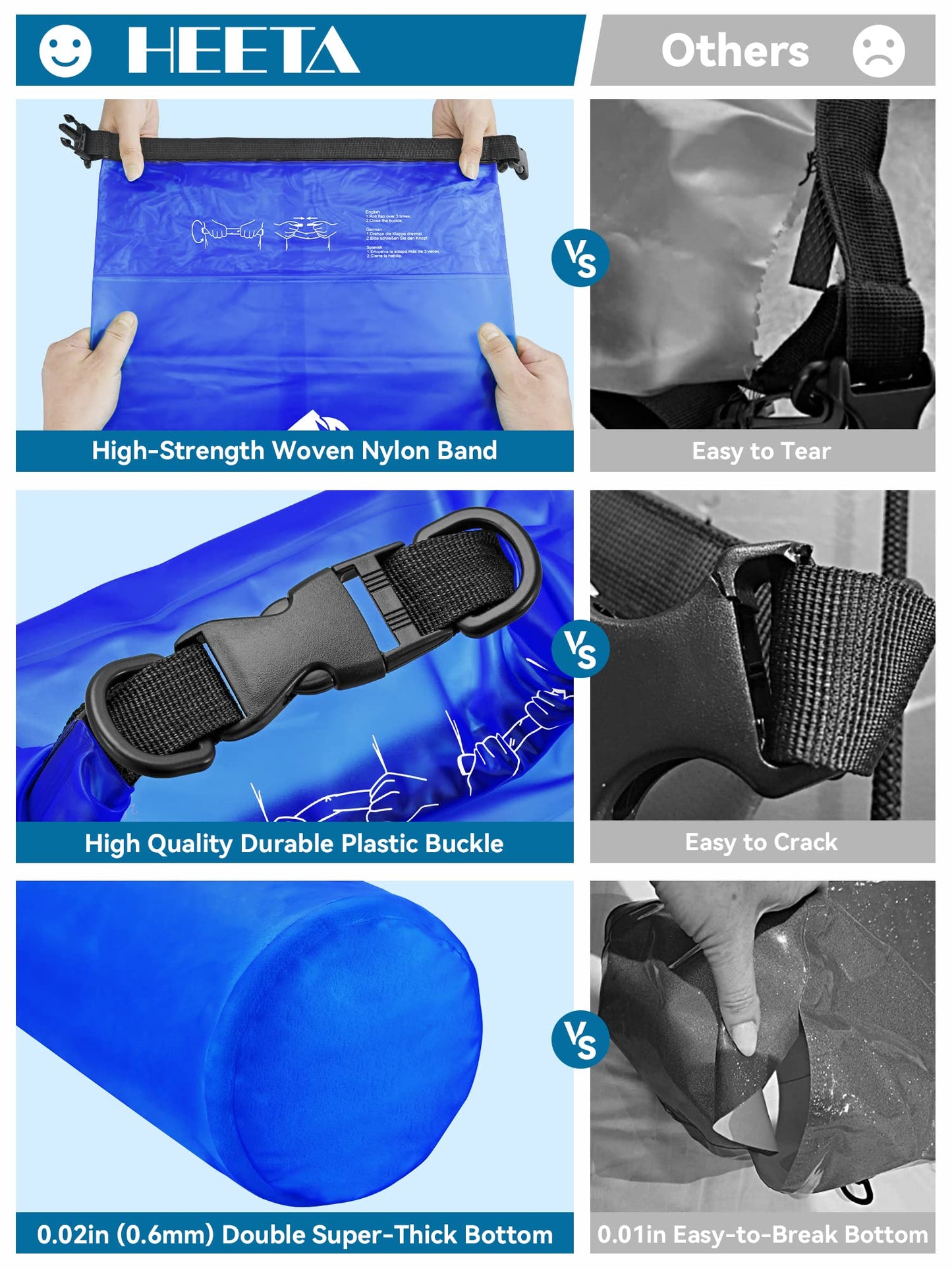 HEETA Dry Bag Waterproof for Women Men, Roll Top Lightweight Dry Storage Bag Backpack with Phone Case for Travel Swimming Boating Kayaking Paddle Board Camping Beach Accessories (Navy Blue, 5L)