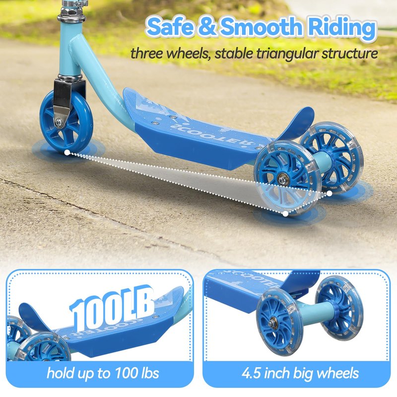 Scooter for Kids 3-5 with LED Lighted Wheels, 3-Wheel Kick Scooters with Adjustable Handlebar, Cute Deck, Outdoor Indoor Safe Smooth Riding Toddler Scooter, Boy Girl Gift Christmas Box, up to 100 lbs