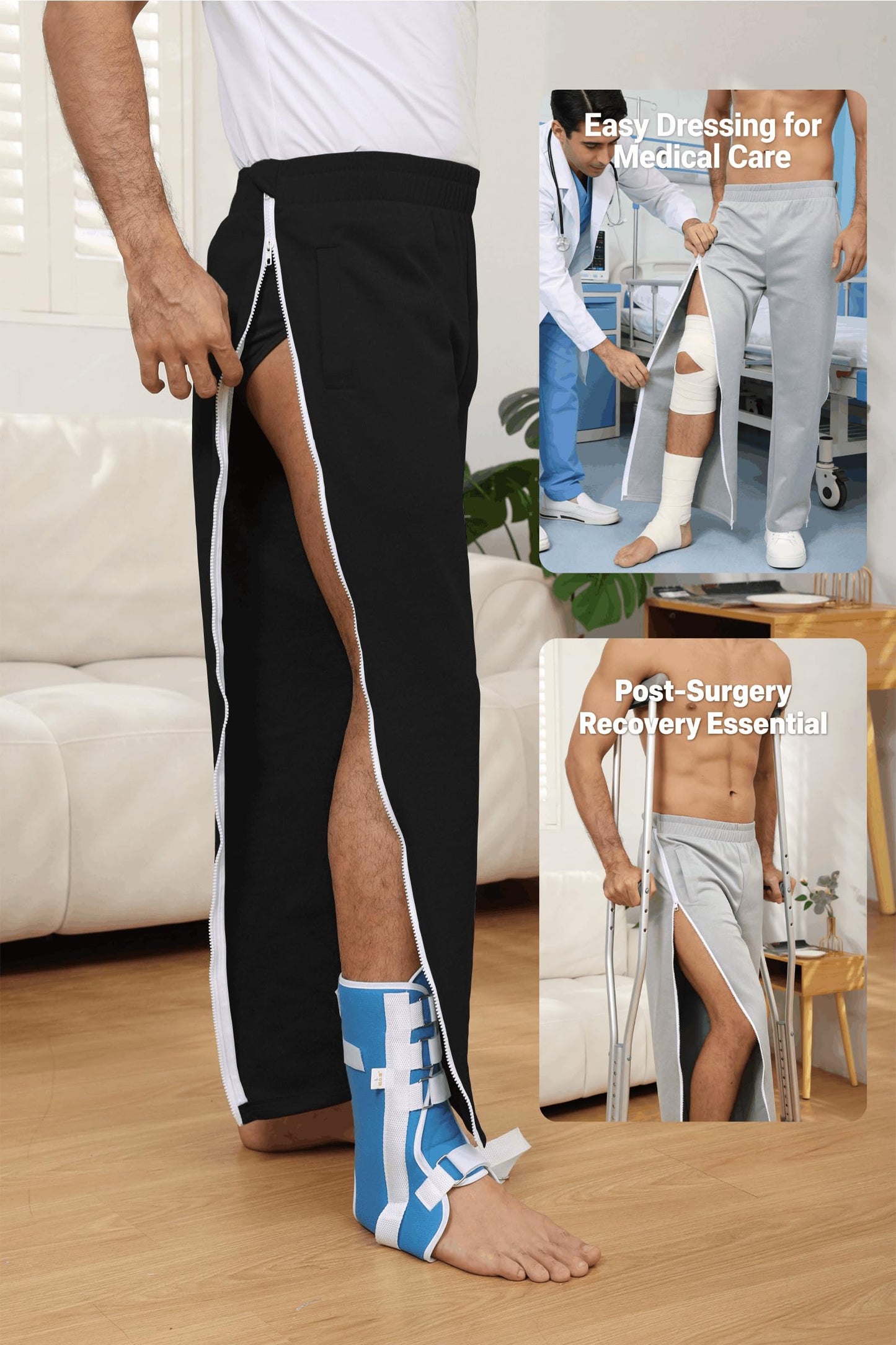 HORSSLE Men's Tear Away Pants 2 Side Full Zippers Legs Snap Off Sweatpants with Pockets for Post Knee Surgery Recovery Black