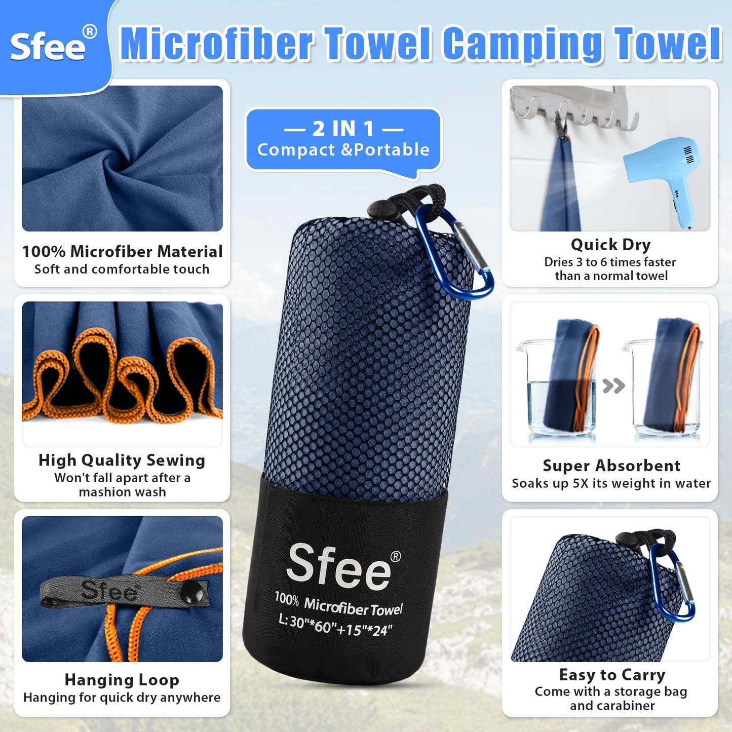 Sfee 2 Pack Microfiber Travel Towel, Quick Dry Towel Camping Towel Super Absorbent Compact Lightweight Sports Towel Swim Towel Gym Towel Beach Towel Set for Gym, Hiking, Pool, Backpacking, Bath, Yoga