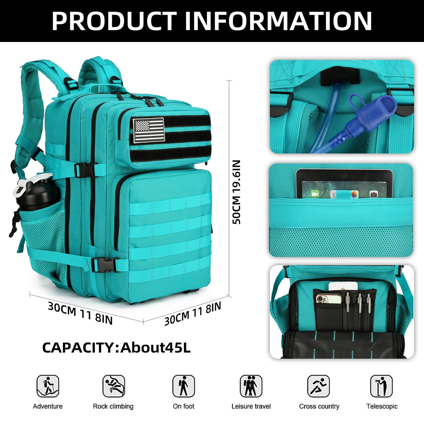 Lovelinks21 45L Tactical Assault Backpack 3 day assault pack with Molle Waterproof backpack Rucksack for Tactical Backpacks (Lake Blue)
