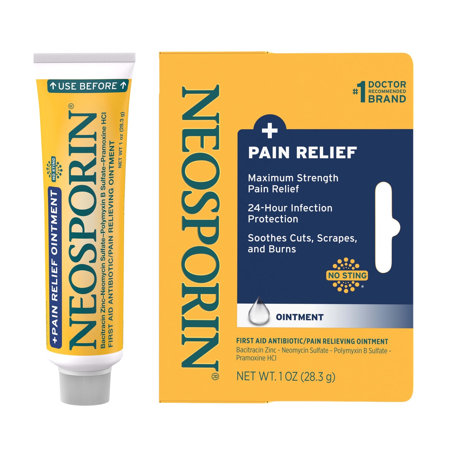 Neosporin + Maximum-Strength Pain Relief Ointment, Triple Antibiotic, Soothing Infection Protection, No-Sting Topical First Aid Wound Care for Minor Cuts, Scrapes & Burns, 1 Oz Tube