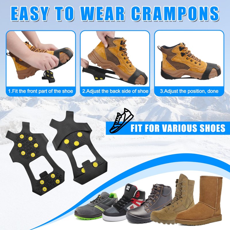 Ice Cleats Snow Traction Cleats Crampons for Shoes and Boots Anti Slip Rubber Snow Cleats Overshoe Footwear Protable Grippers for Walking on Snow and Ice Men Women Hiking Climbing Ice Fishing