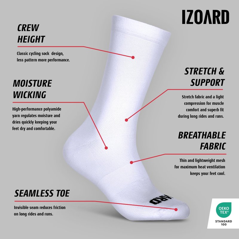 IZOARD Performance Cycling Socks – Compression, Moisture-Wicking Crew Bike Socks (US, Alpha, Large, X-Large, Regular, Regular, 1, White)