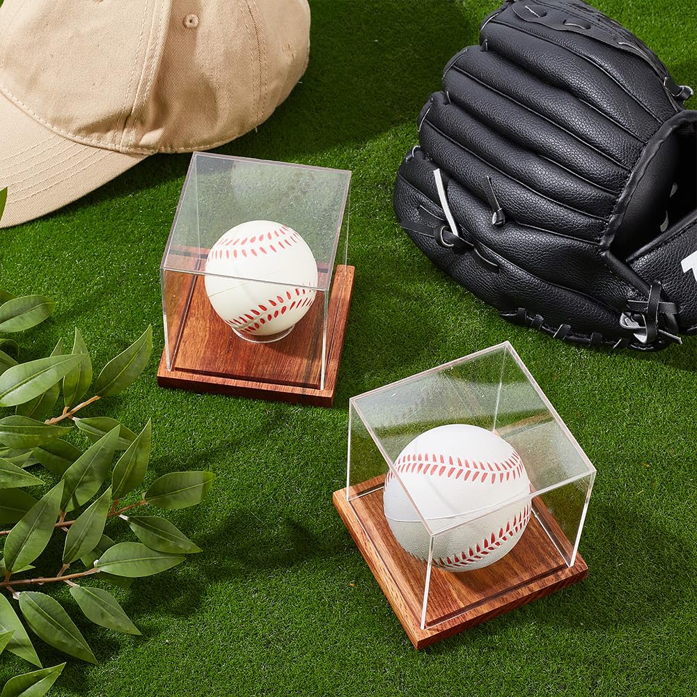 PH PandaHall 2PCS Baseball Display Case Clear Actylic Display Box Cube Tennis Ball Holder Stand Single Ball Showcase with Brown Wood Base and Ring for Memorabilia and Autographed Balls