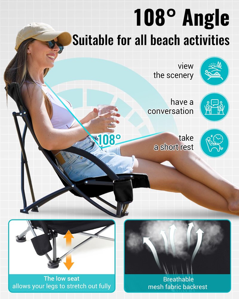 KingCamp Low Beach Chairs 2 Pack, Folding Portable Chair for Adults Lightweight Extra Wide Ergonomic Seat 300lbs Heavy Duty Oversized Backpack Gear with Carry Bag for Outdoor Lawn Camping Picnic