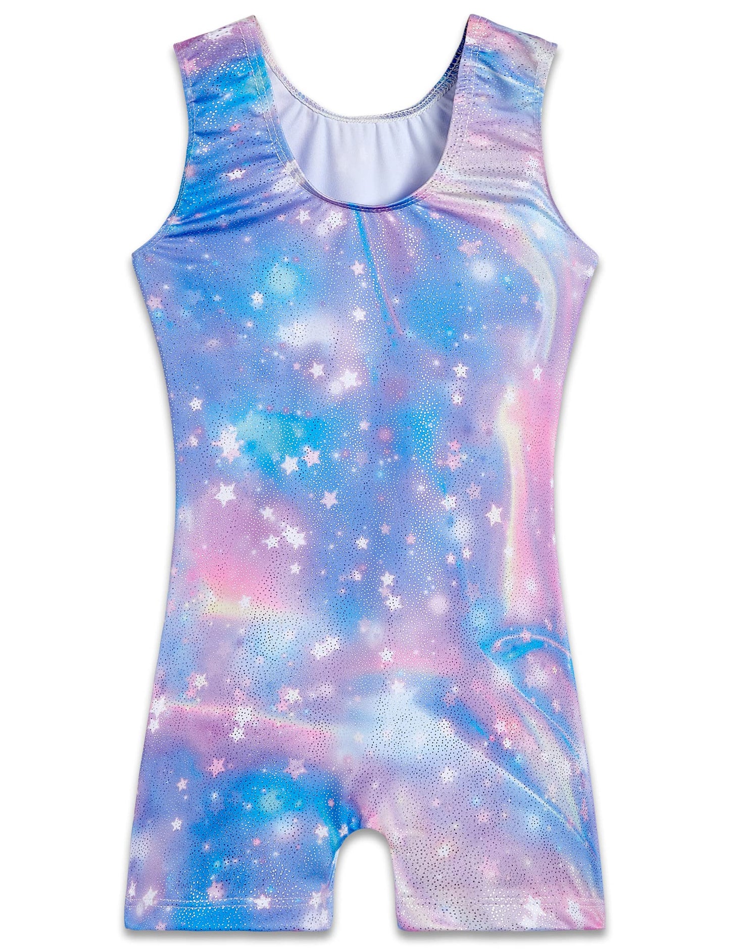 TENVDA Gymnastics Leotards for Girls 7-8 Years Old Sparkle Blue Stars Printed Sleeveless Biketards Tumbling Practice Unitard