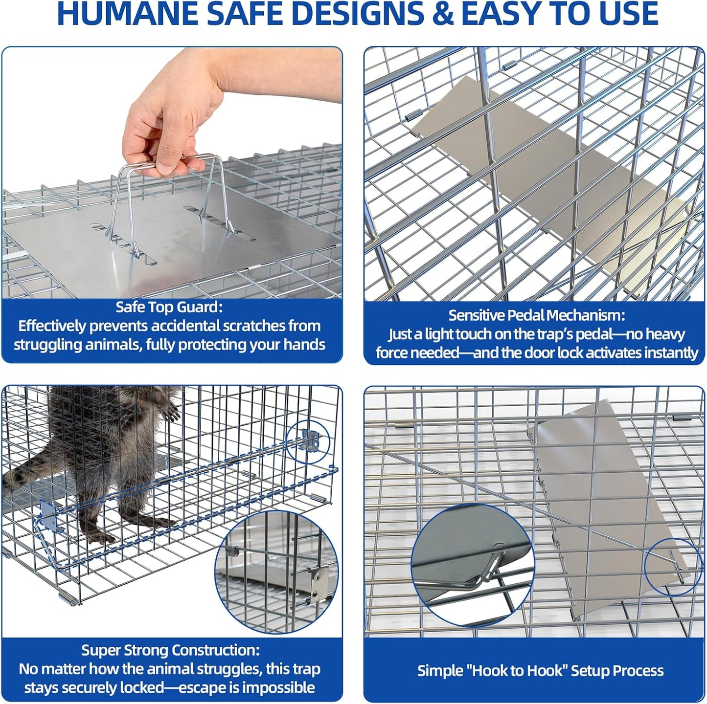 Humane Live Animal Trap Cage - Large Foldable 51.1"x17.4"x18.9" | Powder-Coated Alloy Steel for Raccoon, Fox, Stray Cat & More