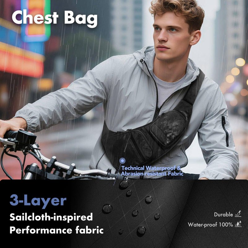 hk Sling Bag for Men with 3‑Layer Sailcloth‑Inspired Performance Fabric, Lightweight Waterproof Sling Bag for Men with Tablet Compartment, Crossbody Bag for men, Commuting, Black