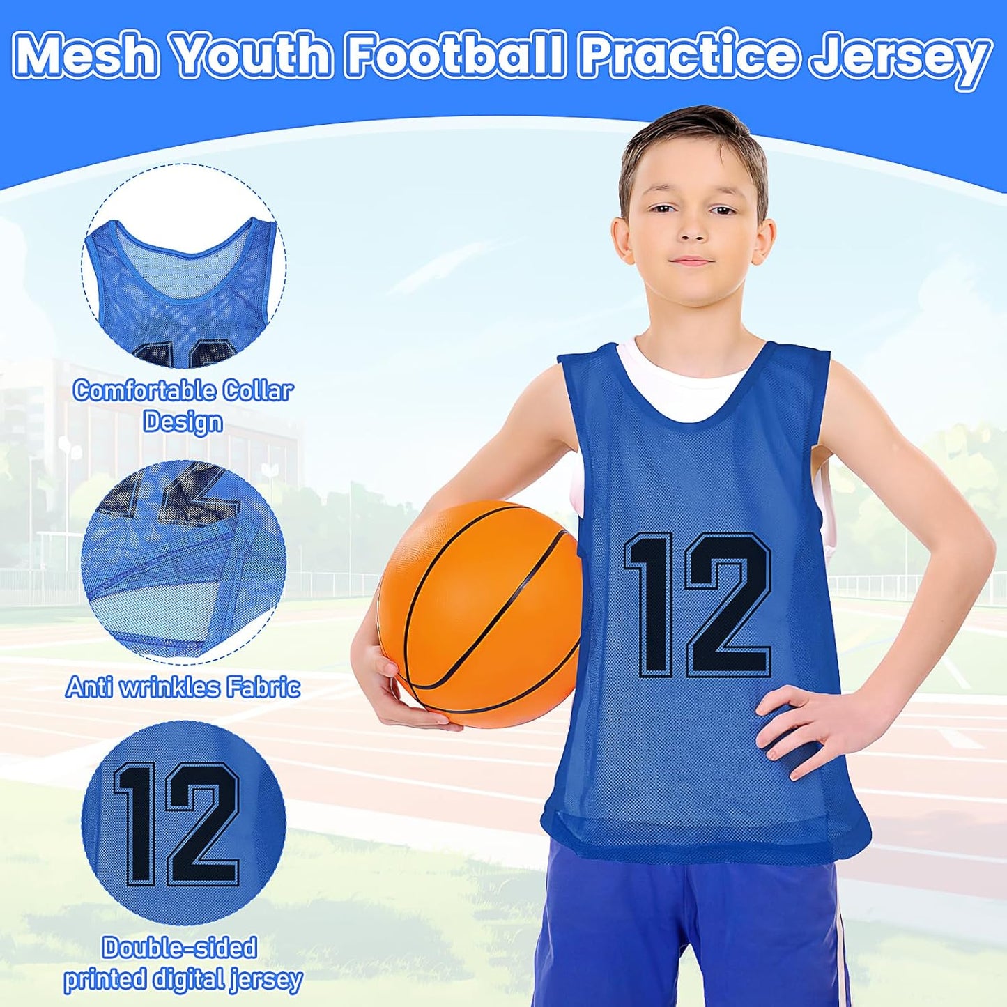 M-Aimee Youth Pinnies - 48 Pcs Mesh Basketball Practice Jerseys | Numbered Soccer Scrimmage Vests in Green, Yellow, Pink, Blue