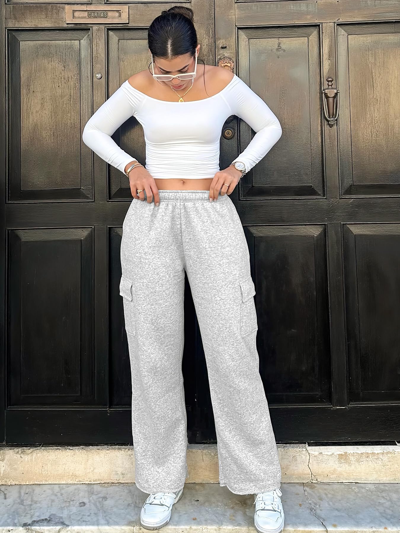 YEOREO Sweatpants Womens Cargo Pants Fleece Lined Wide Leg Joggers Baggy Drawstring Nairi Sweat Pants with Pockets Slate Gray M
