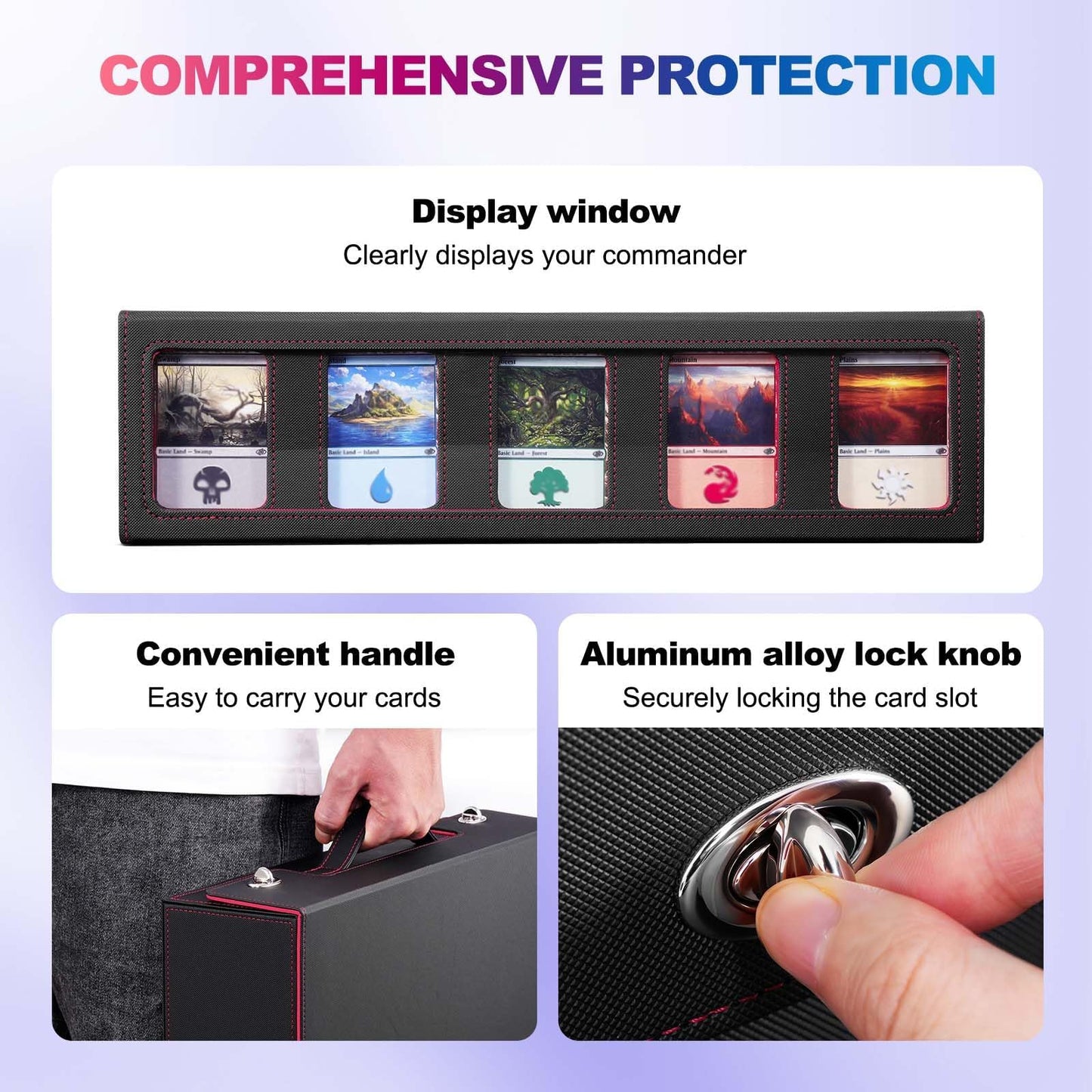 UAONO Trading Card Storage Box with Commander Display, 5 Row Magic Card Box with Handle & Aluminum Alloy Locking for 3900+ Unsleeved Cards Suits for MTG PTCG TCG Sports Cards (Black Red)