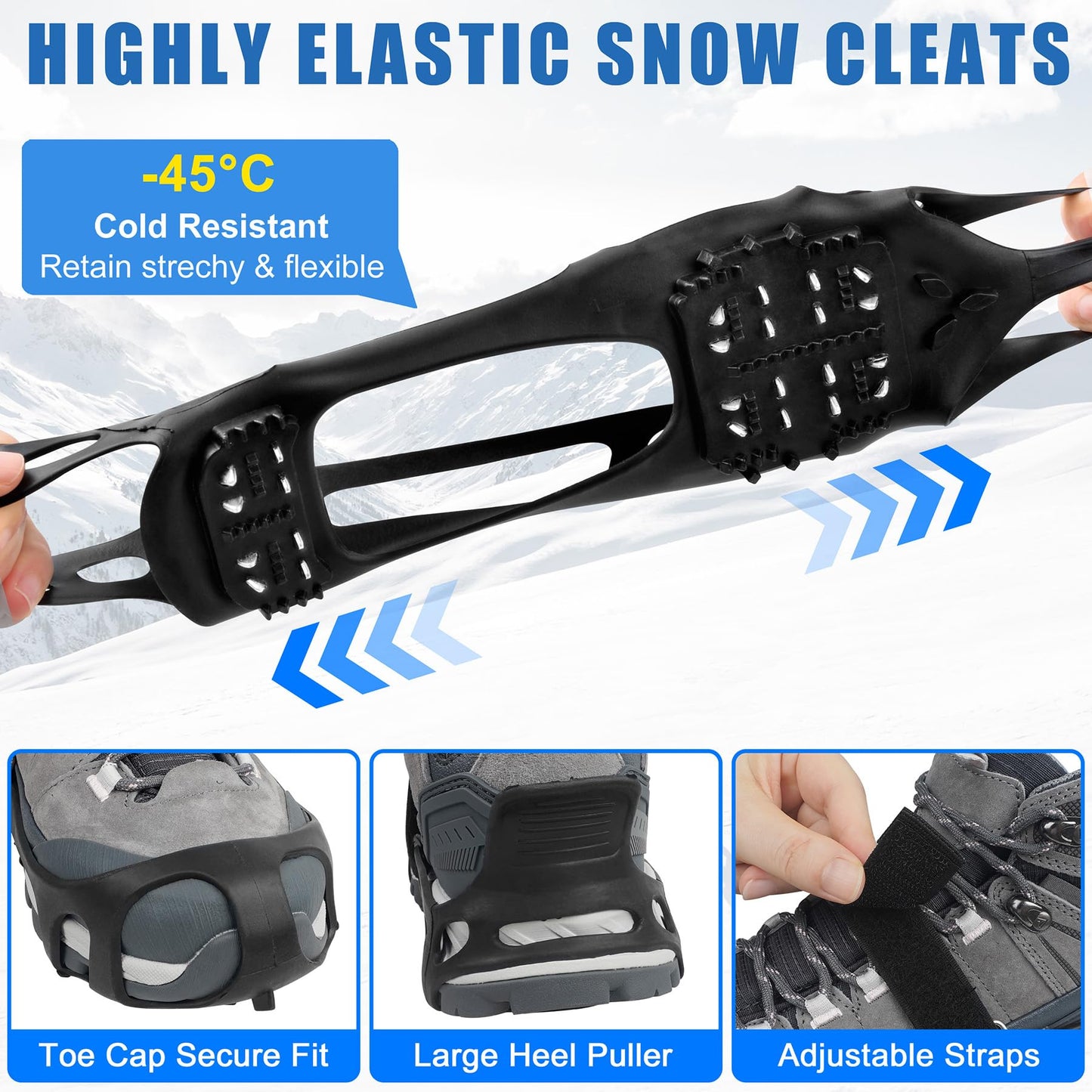 Ice Cleats, Crampons Snow Traction Ice Cleats for Shoes and Boots Women Men, Non Slip Grippers Spikes for Shoes with Straps, Slip-on Rubber Overshoe Stretch Footwear for Winter Walking Hiking Fishing
