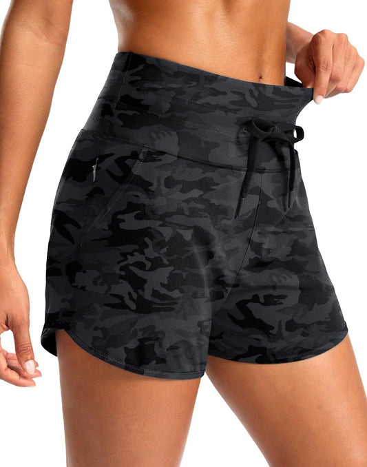 Soothfeel Women's Athletic Running Shorts with Zipper Pockets 3" High Waisted Workout Active Gym Shorts for Women with Liner Black Camo Medium