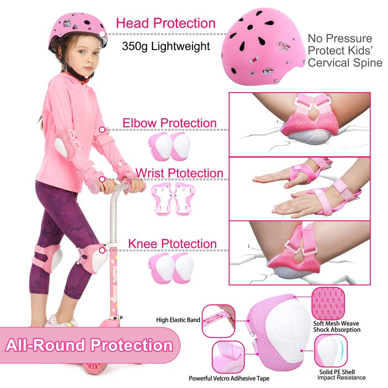 DINILEMU Kids Bike Helmet with DIY Stickers and Knee Pads Elbow Pads Wrist Guard Set for Ages 3-5-8 Toddler Boys Girls Helmet for Roller Skates Cycling Skateboarding Bicycle Scooter-Pink