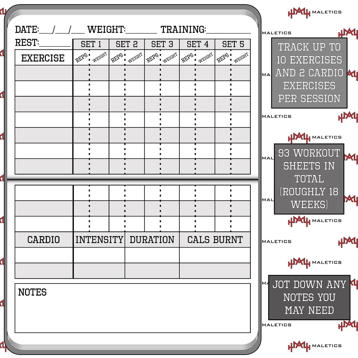 MaLetics – A6 Pocket Fitness Journal – Set 15 Goals, Track 93 Workouts, Measure Progress & Log 24 Personal Records – Sweatproof Design, Daily Planner & Exercise Log Book For Men & Women - Black