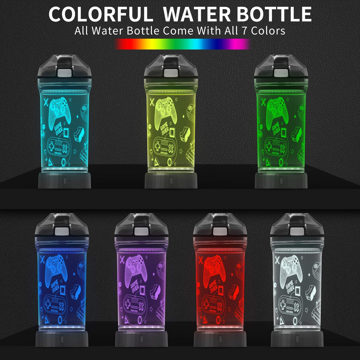 Lightzz Kids Water Bottle with 3D Glowing Game Console LED Light - Tritan BPA Free - Travel Cup Gift for Back to School Girl Boy Child Holiday Camping Picnic - 14 Oz