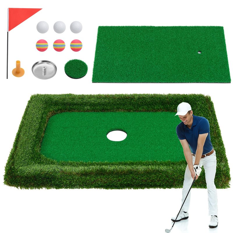 Tangkula Floating Golf Green for Pool, Rectangular Floating Chipping Green Includes Hitting Mat, 6 Balls, Flag, Cup & Tee, Training Mat, Outdoor Pool Golf Game