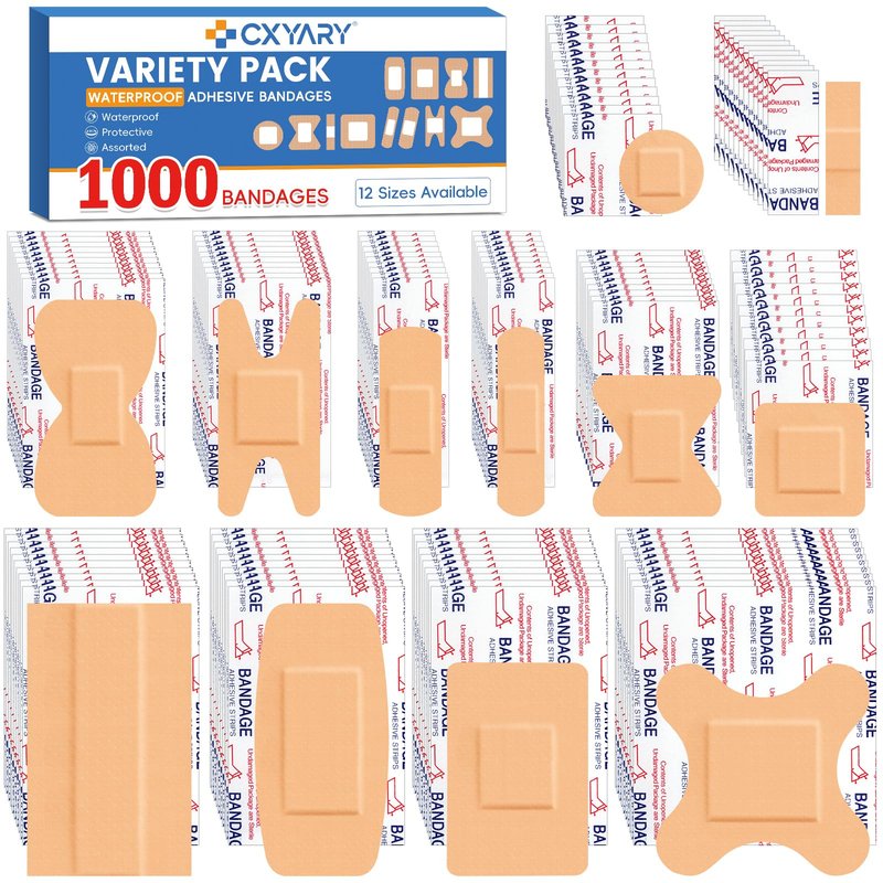 CXYARY 1000 Counts Assorted Bandages Bulk Variety Pack,12 Styles Flexible Heavy Duty Waterproof Bandages Individually Wrapped Used for Emergency Treatment and Skin Wound Care, Latex Free