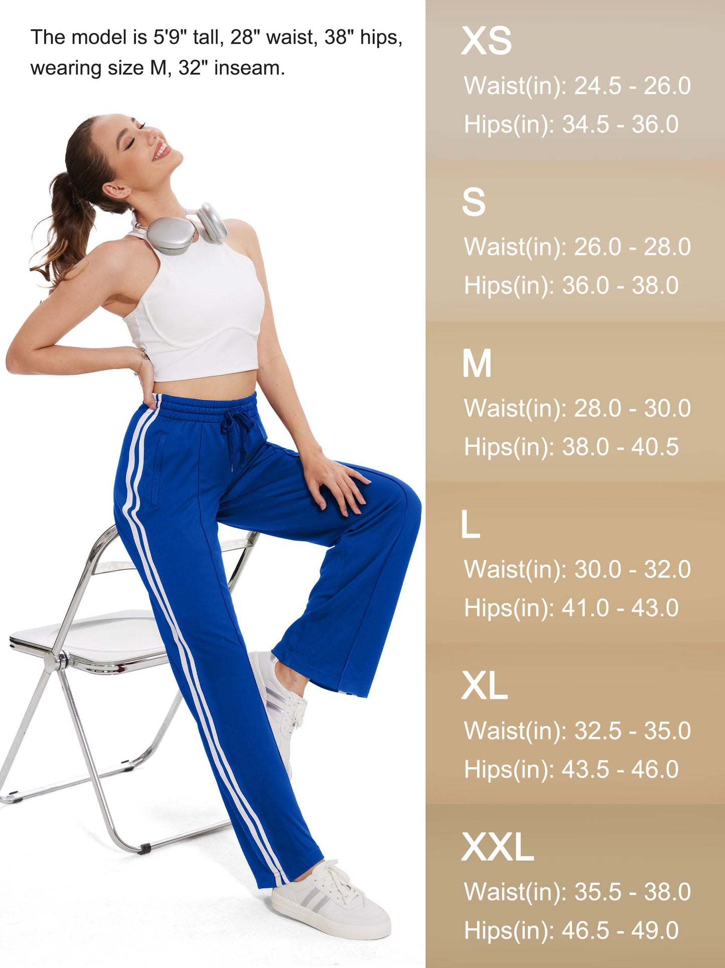 Tapata Long Women's 32" Inseam Active Track Pants Striped Loose Fit Running Sporty Bottoms Travel Athletic Jogging, Blue, L