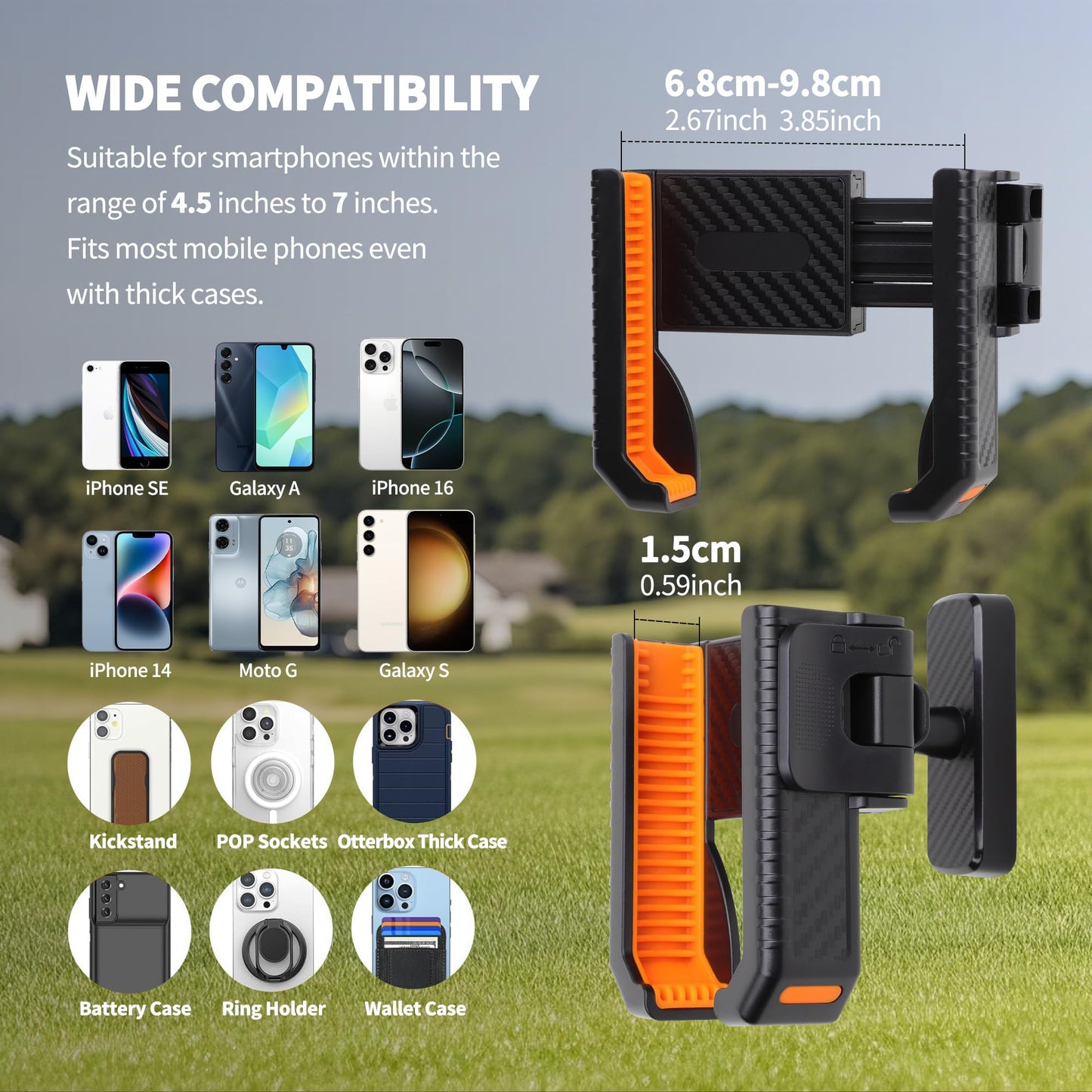 ROWFEN Phone Holder for Golf Cart - Golf Phone Holder with 2 Bases (Magnetic Base & Clamp Base), 360° Rotation, Universal Fit for Smartphones/Thick Cases, Secure Hands-Free Golf Accessories (Orange)