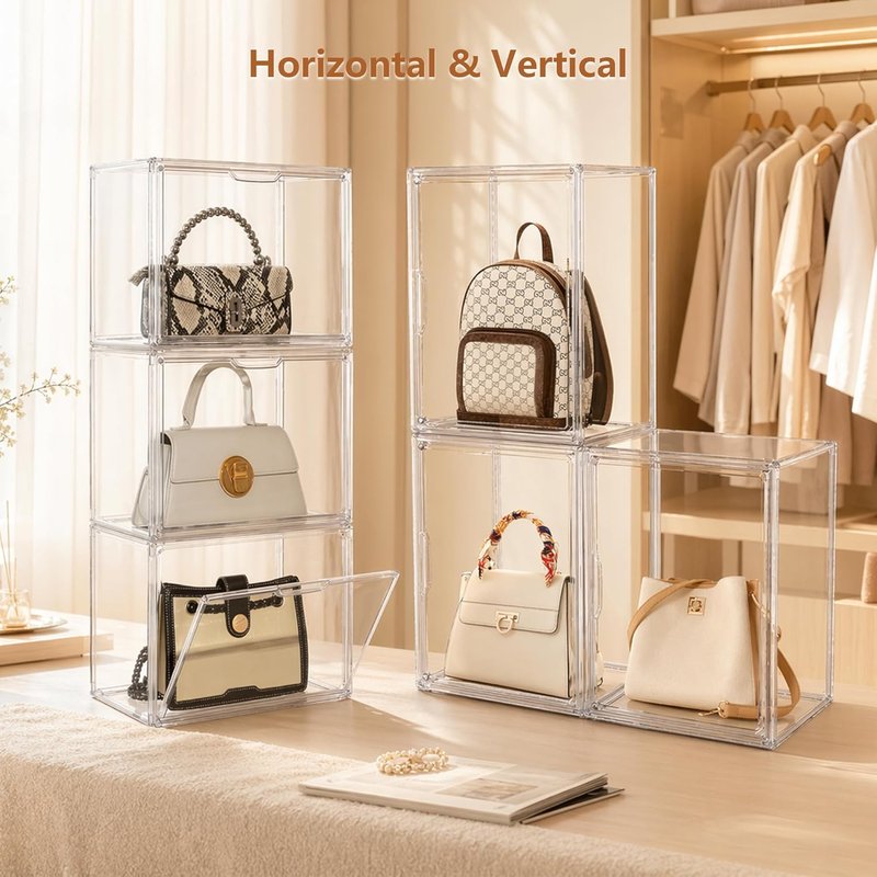 Clear Acrylic Handbag Organizer - 3-Piece Closet Storage Solution with Magnetic Door for Purses, Wallets & Cosmetics