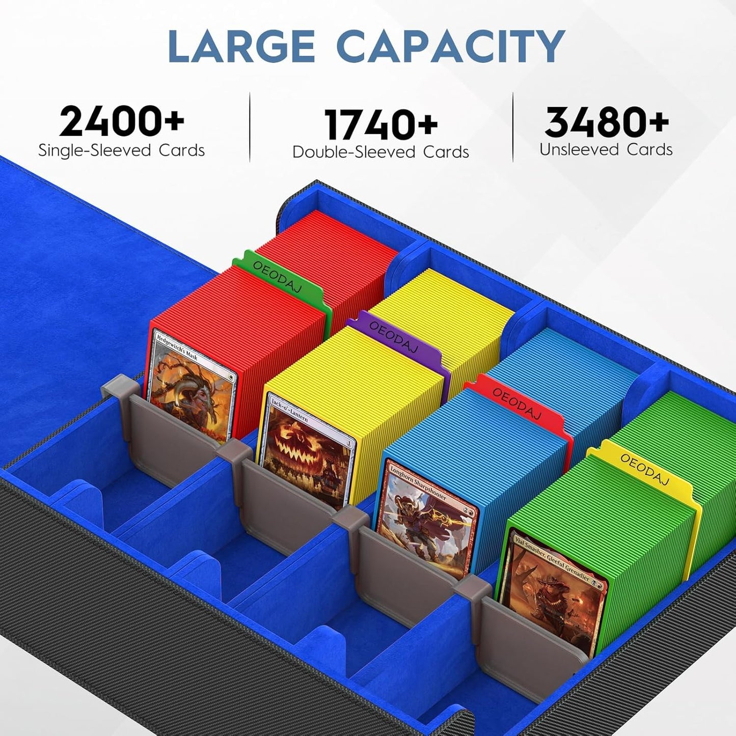 Trading Card Storage Box - 3200+ MTG Card Organizer with 24 Colorful Dividers & 4 Stands | Fits Yu-Gi-Oh & Game Cards (Black & Blue)