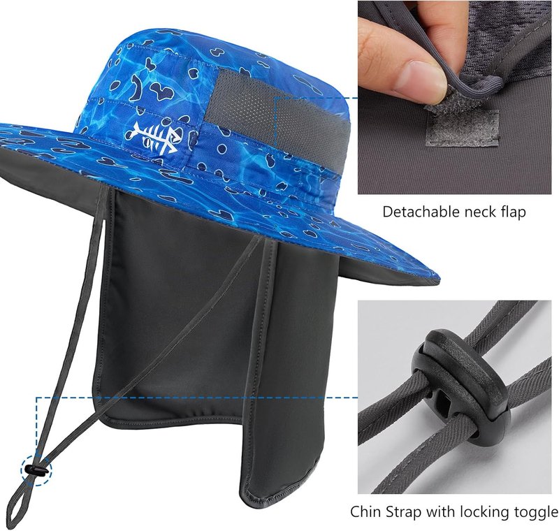 BASSDASH UPF 50+ Sun Fishing Hat - Water Resistant with Detachable Neck Flap for Ultimate Protection