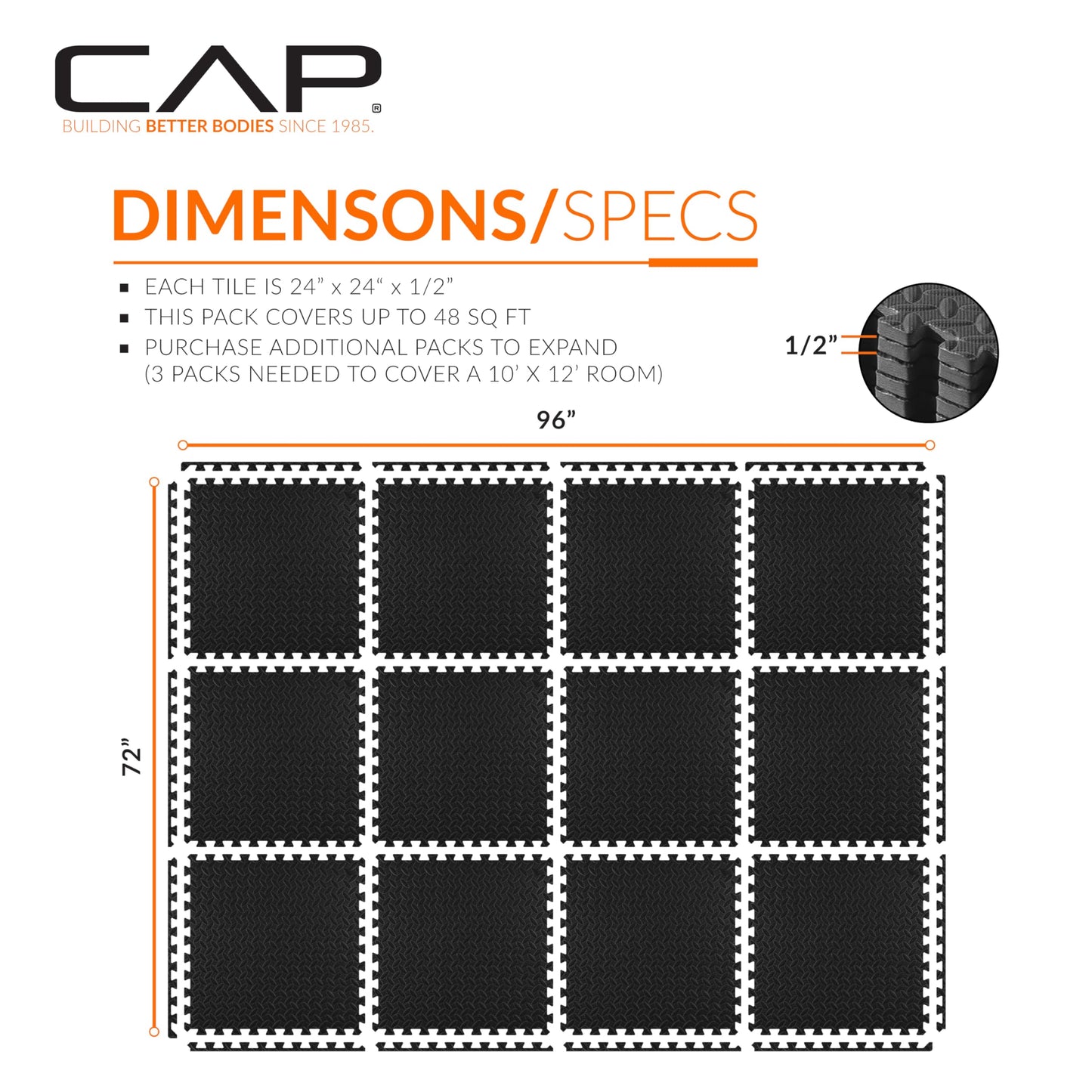 CAP Barbell 1/2-Inch Interlocking EVA Foam Exercise Puzzle Mat Home Gym Flooring - 2 Pack | 24" x 24" x 1/2" | Diamond Pattern - Black