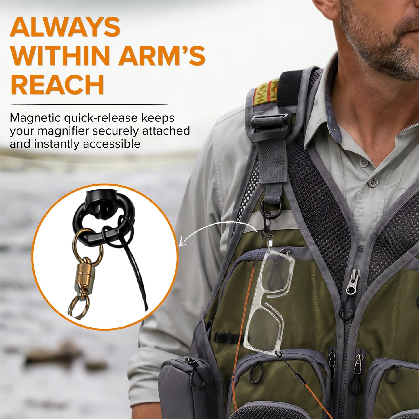 Fly Fishing Magnifying Glasses - Clip-on nose, Magnetic Release and One-Handed Use. 8295