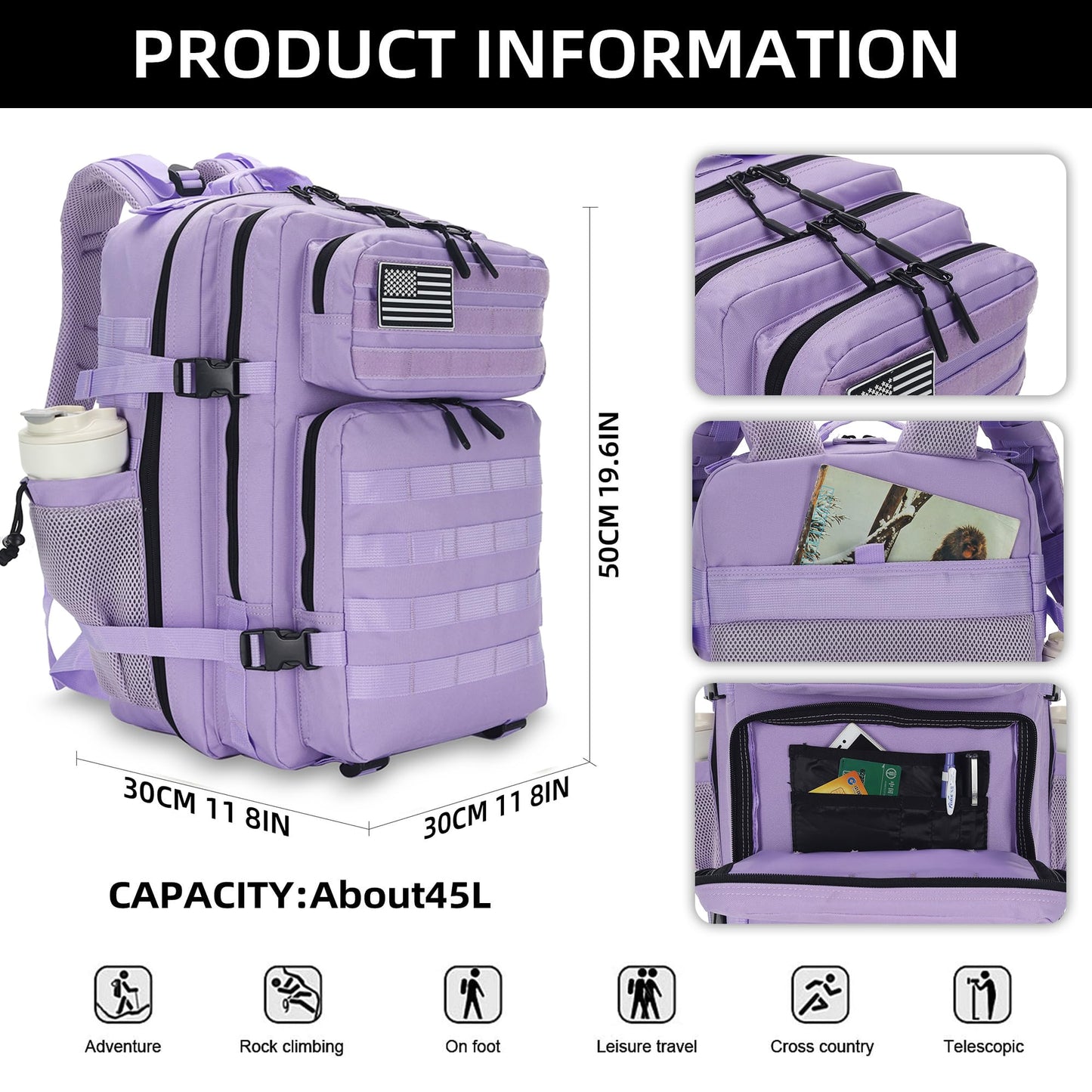 Lovelinks21 45L Tactical Assault Backpack 3 day assault pack with Molle Waterproof backpack Rucksack for Tactical Backpacks (Light purple)