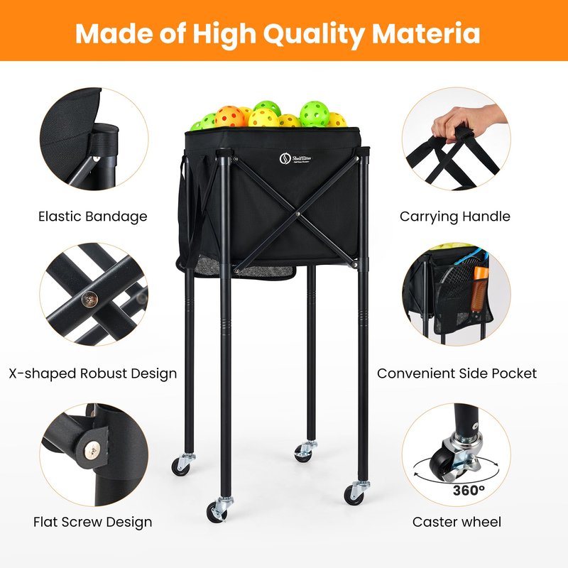 ShelfElites Portable Tennis Ball Hopper & Pickleball Basket, Foldable Tennis Ball Cart with Storage Bag, Multi-Sport Ball Collector for Training & Practice（Big）