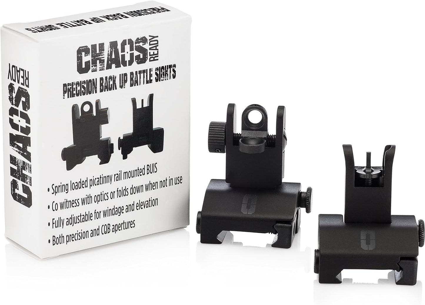Chaos Ready Flip-Up Iron Sights - Spring Loaded Low Profile Backup Sights for Picatinny Rails | Co-Witness Front & Rear Set