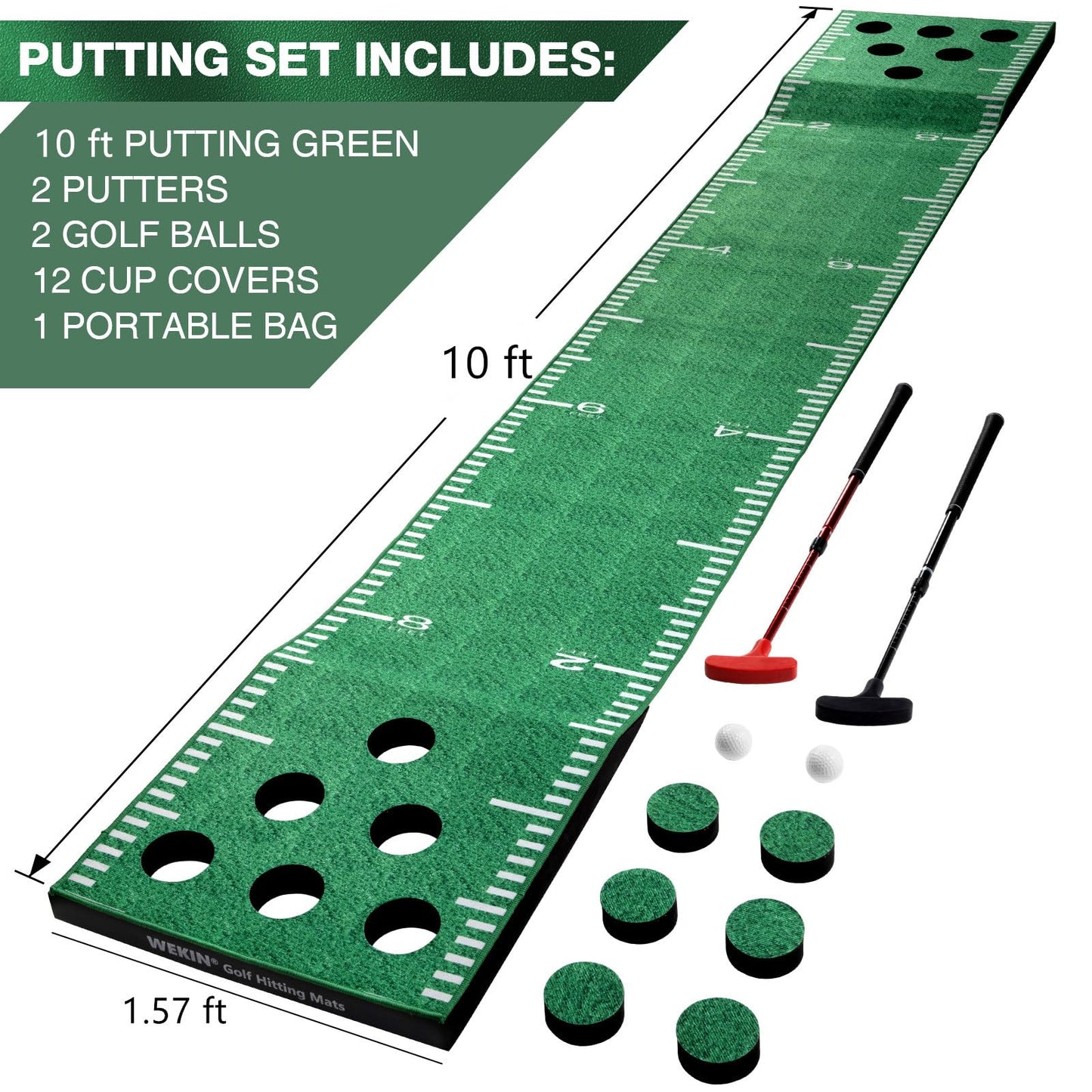 Wekin Indoor Putting Green Mat with 2 Putters, 2 Balls,12 Hole Covers, Golf Training Mat for Party Game, Great Gifts for Men