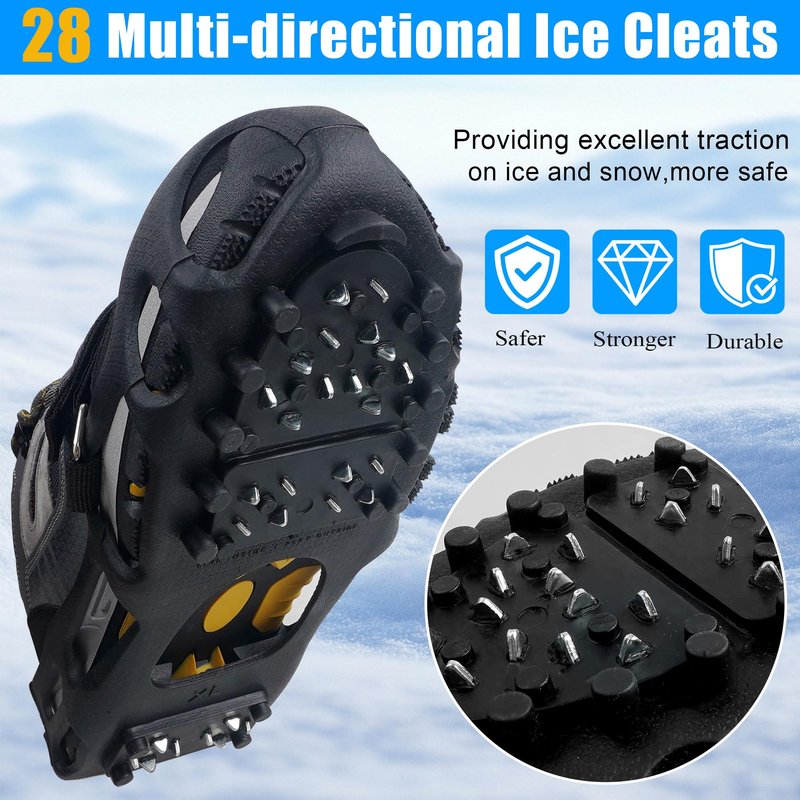 Ice Cleats Snow Traction Cleats Crampons for Boots and Shoes 28 Studs Cleats Crampons Walking on Snow and Ice Anti Slip Overshoe Rubber Ice Grippers Slip-on Stretch Footwear XLarge
