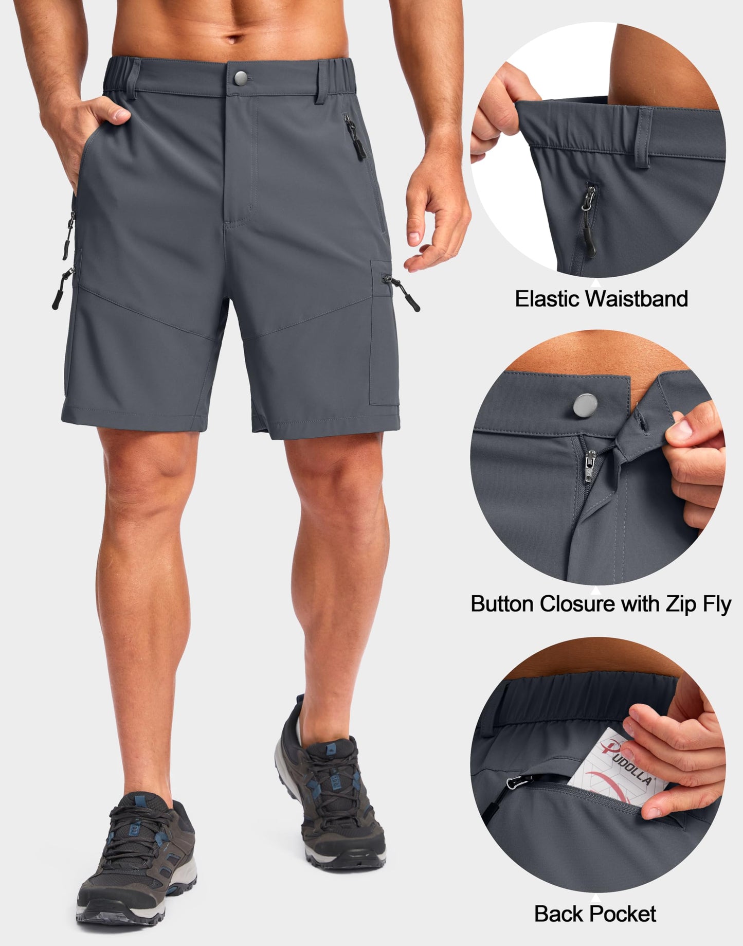 Pudolla Men's Hiking Cargo Shorts Lightweight 7" Travel Casual Shorts for Men Golf Work Outdoor with 5 Zipper Pockets(Deep Grey Small)