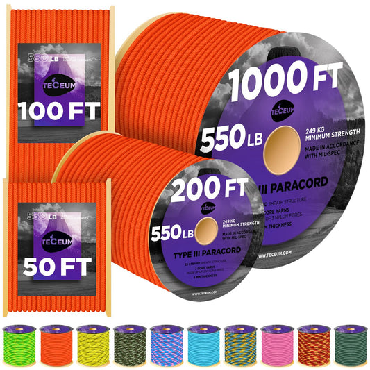 TECEUM Paracord Type III 550 Orange – 50 ft – 4mm – Tactical Rope MIL-SPEC – Outdoor para Cord –Camping Hiking Fishing Gear and Equipment – EDC Parachute Cord – Strong Survival Rope 044b