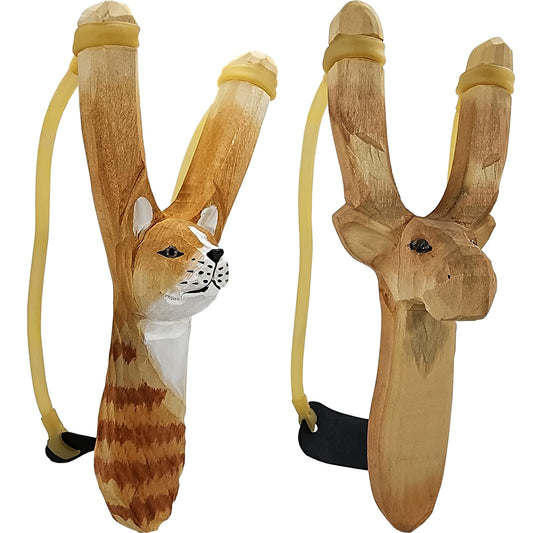 NatureLaunchers Hand-Carved Wooden Animal Slingshot Set | 2 Pack (Lynx & Moose)