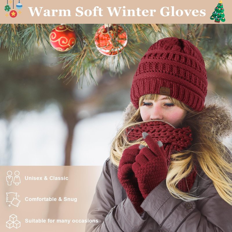 Winter Beanie Hat Scarf Gloves Set, Thick Warm Knit Winter Skull Cap Touch Screen Gloves Neck Scarf for Women Men 6 Coffee