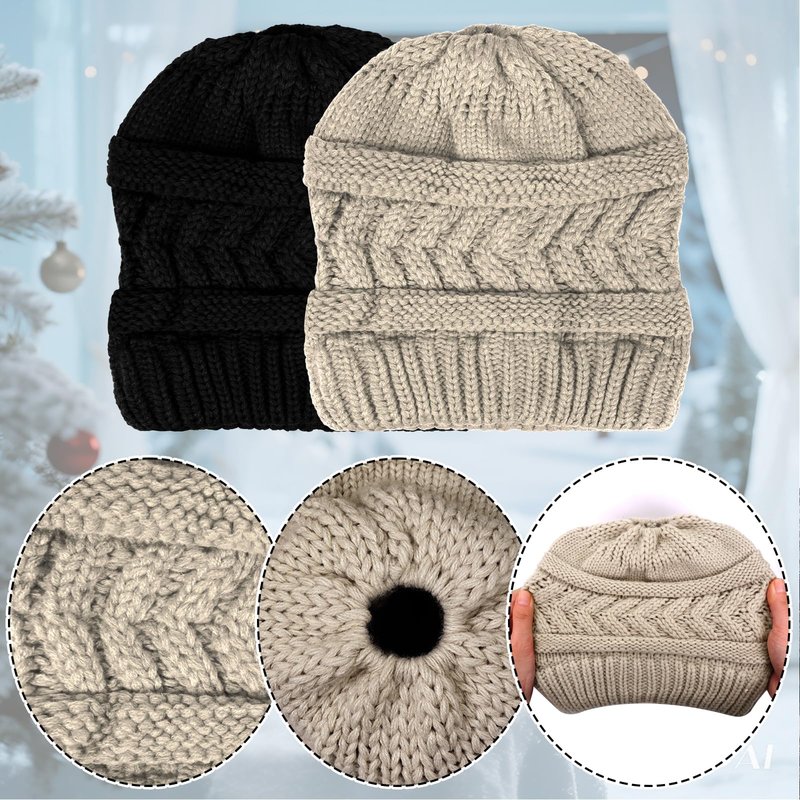 Yookat 2 Pack Ponytail Beanie Hat for Women High Bun Hats Skull Cap for Winter Black and Beige