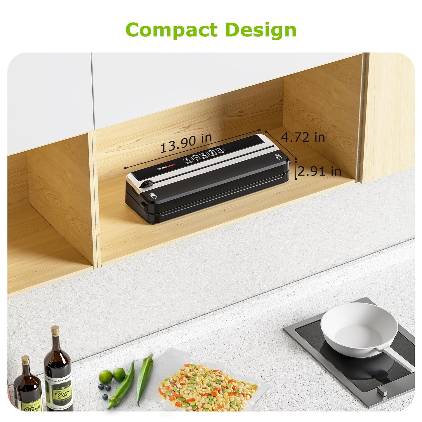 Bonsenkitchen Vacuum Sealer Machine, Built-in Cutter | Multifunctional Food Sealer for Sous Vide & Meal Prep, 5 Pre-Cut Bags, Black