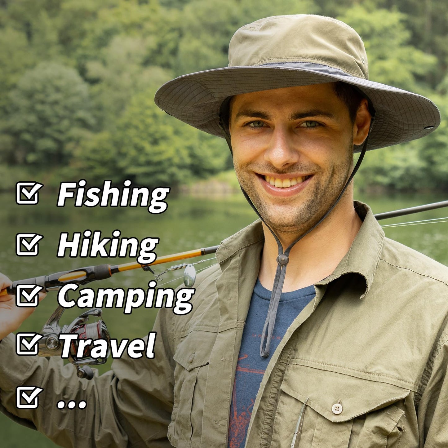 TOP-EX Summer Boonie Sun Hats for Men Safari Fishing Hiking Wide Brim UPF50+ Big Head Nylon Waterproof Khaki Large X-Large L XL 60cm 63cm