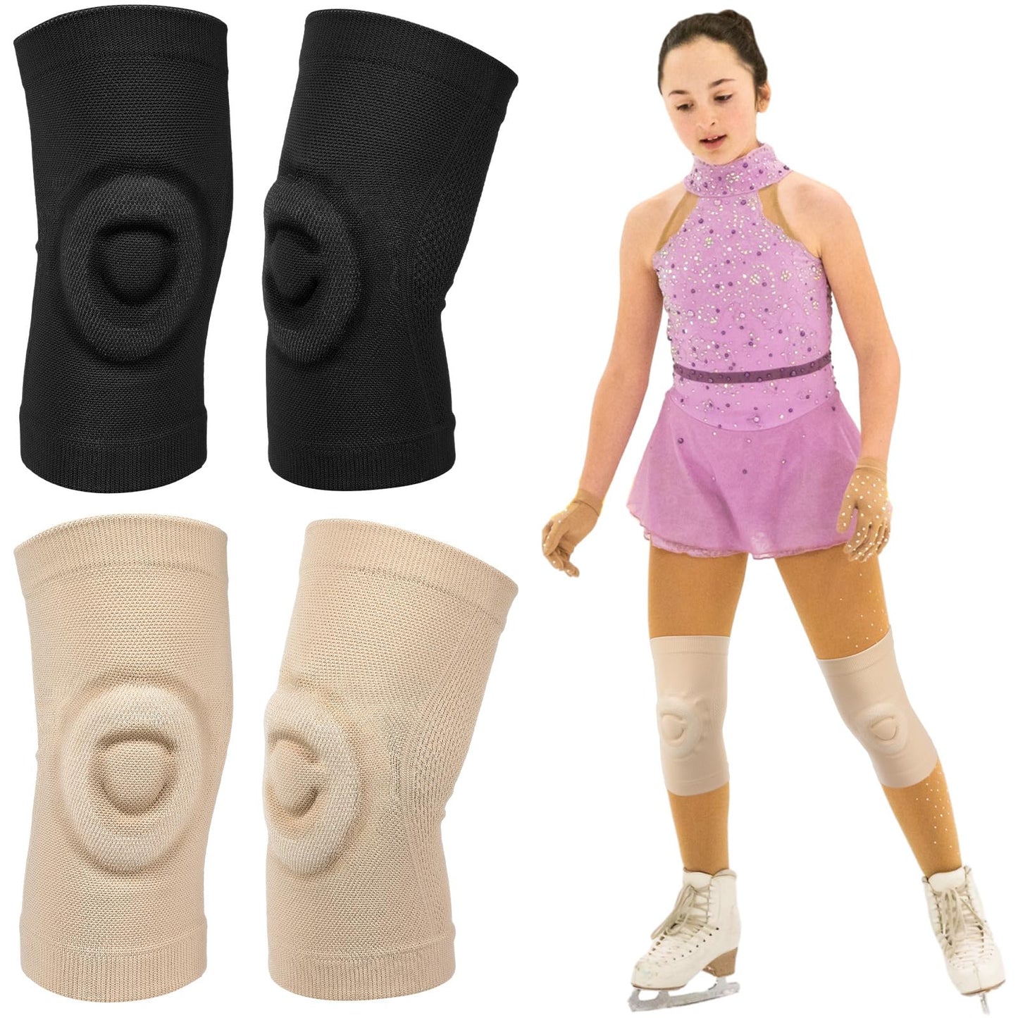Shappy 2 Pair Figure Ice Skating Knee Pads Gel Dance Knee Pads Cushion and Support Breathable Material for Dancing Skating Women Girl Men(Small,Beige and Black)