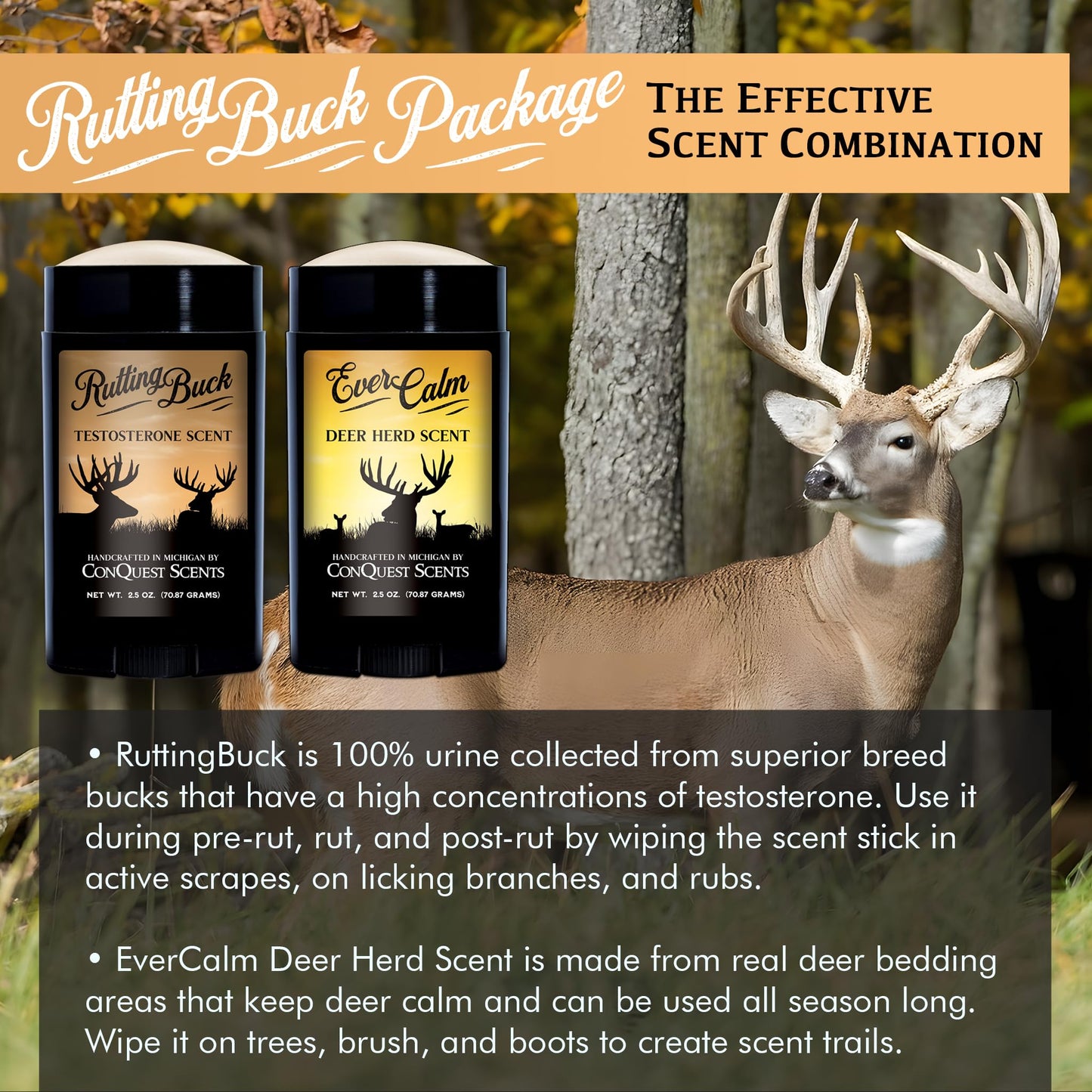 ConQuest Scents RuttingBuck Package – RuttingBuck & EverCalm Deer Herd Scent Stick, Deer Attractant & Calming Scent, All-Season Hunting Wax Sticks, 2.5 oz