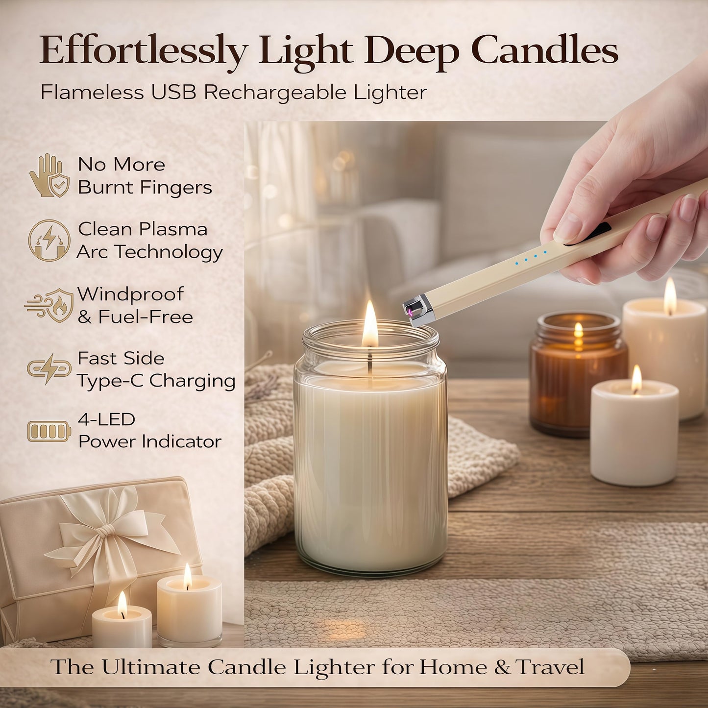 Castelar Candle Lighter, Electric Lighter Windproof Flameless with Safety Switch, USB Rechargeable Lighters for Candle, Grill, BBQ, Camping, Birthday & Stocking Stuffers (Gold)
